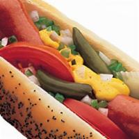 Cheezy Dog · Mustard, relish, onion, tomato, pickle and sport peppers. Steamed to perfection, comes with ...