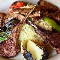 Lamb Chops Plate · 4 baby lamb chops, marinated and grilled to perfection, served with grilled vegetables, basm...