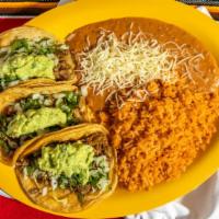 Taco Especial Dinner · Three tacos, your choice of lengua, shredded beef, barbacoa, chorizo o huevos con chorizo. S...