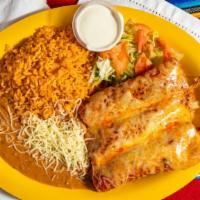 Enchiladas Al Gusto Dinner · Three hand rolled corn tortillas simmered in your choice of homemade sauce. Topped with melt...