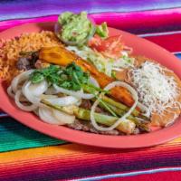 Carne Asada · Skirt steak cooked to liking. Served with rice and beans.