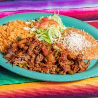 Bistec O Pollo A La Mexicana · Skirt steak o Chicken with tomatoes, onions and jalapenos. Served with rice and beans.