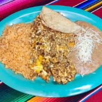 Huevos Con Chorizo · Scrambled eggs with Mexican sausage. Served with 1 cheese quesadilla, rice and beans.