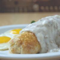 Stuffed Biscuit & Gravy · Stuffed biscuit and gravy a giant fresh baked biscuit stuffed with sausage, peppers, onions ...