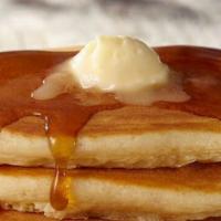 Buttermilk Pancakes · Two stack of our famous big-as-the-plate buttermilk pancakes.
