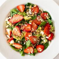 Berry Avocado Salad · Fresh greens with extra spinach, strawberries, avocado, feta and candied walnuts, add grille...