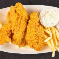 Chicken Tenders · Includes fries, bread, and coleslaw.