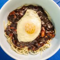 Jajangmyun · Black bean sauce with choice of meat topped with an over-easy egg. Consuming raw or undercoo...
