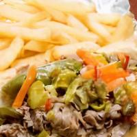 Italian Beef Sandwich Combo · Topped with hot peppers or mild peppers. Include Pepsi.