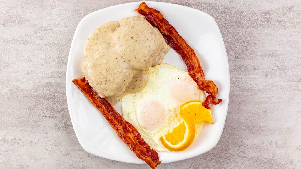 Biscuits & Gravy · With two eggs and choice of bacon, links, or patties.
