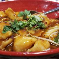 House Spicy Fish / 水煮鱼 · Spicy. tender fish fillets stewed in chili broth on top of chinese cabbage and bean sprouts....