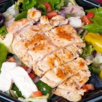Greek Salad · Organic spring mix leuce blend topped with grilled chicken, diced tomatoes & red onion kalam...