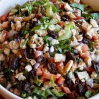 Pollo Chopped Salad · Romaine lettuce, tomatoes, red onions, grilled chicken, bacon, Gorgonzola cheese, elbow past...
