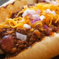 Beef Chili Dog · Topping choices:
Onions, mozzarella cheese, mustard.