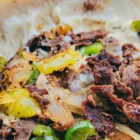 Steak Philly · Topping choices:
Onion, green peppers, mushrooms, mozzarella cheese and mayonnaise sauce.