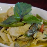 Green Curry · Bamboo shoots, broccoli, peas, zucchini, mushrooms, green peppers, green beans and basil. Se...