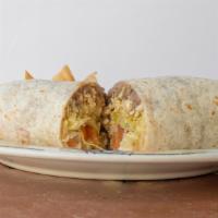 Veggie Burrito Dinner · Giant tortilla filled with rice, beans, tomatoes, cheese and lettuce.