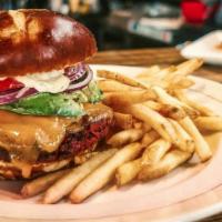 Double Smashed Veggie Beet Burger · Roasted beet & quinoa smash- patties, cheddar cheese, tomato, avocado, red onions, basil aio...