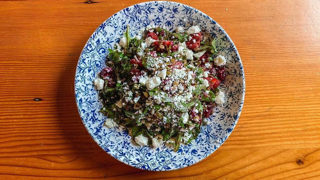 Balsamic Beet & Berry Salad · Organic arugula, quinoa lentil blend, strawberries, roasted beets, goat cheese, blackberry balsamic vinaigrette, spiced pepitas