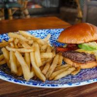 Big Smokey Burger · Smoked Gouda,  bacon, avocado, Jalapen~o BBQ, brioche bun, frites