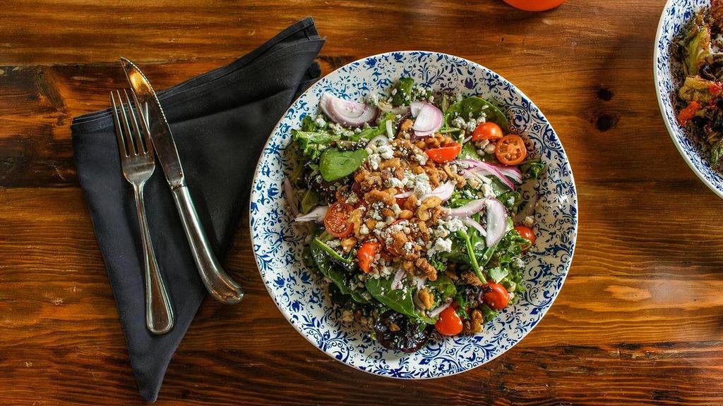 Benelux Salad · Organic mixed greens, tomatoes, candied walnuts, red onions, bleu cheese, balsamic vinaigrette