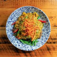 Indo Beef Curry · Shredded beef, green beans, sweet peppers,. spiced coconut curry sauce, braised spinach,. po...