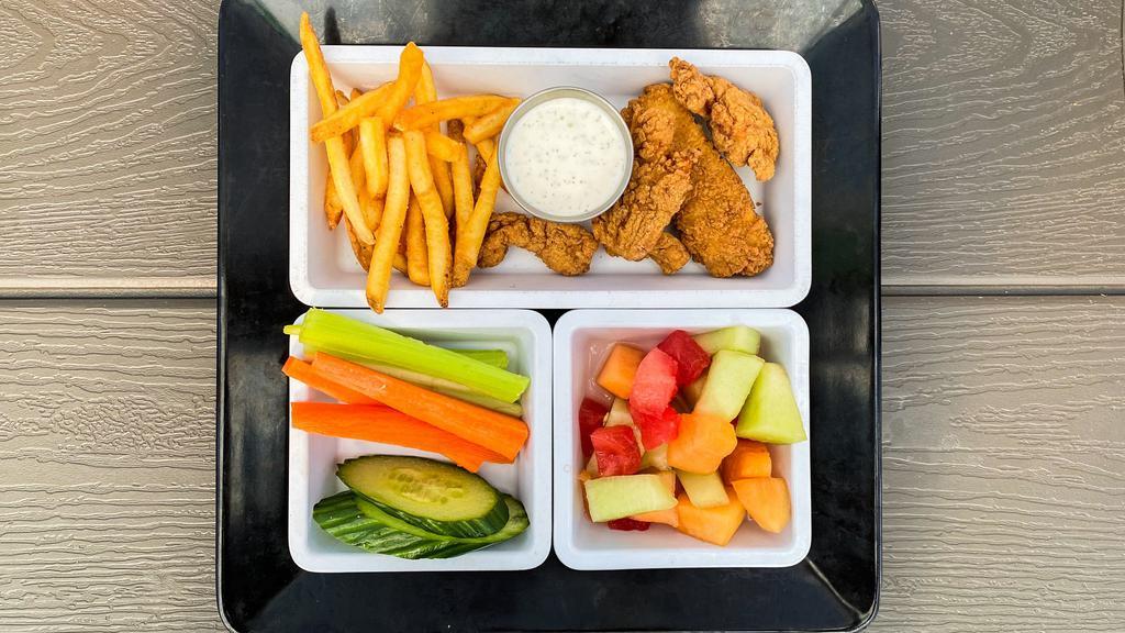 Fried Chicken Tenders · Served with frites, fruit, and veggies.. Choice of dipping sauce