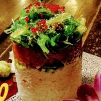 Sushi Tower · Spicy cut tuna mixed, layer of rice, crab mix, avocado, seaweed salad, scallions, sesame see...