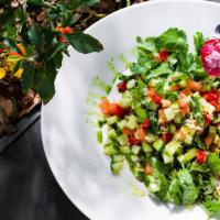Tahina Salad · Finely chopped parsley, tomatoes, cucumbers, lemon, fresh mint, onions, olive oil and tahini.
