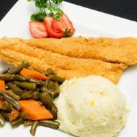 Catfish Filet · Your choice of 2 sides and corn  muffins.