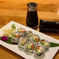 Alaskan Maki · Fresh salmon, avocado, crabmeat with black tobiko outside.