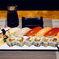 Sushi Gold · 8 pcs sushi (2 Tuna, 2 Salmon, 1 Yellow Tail, 1 Tako,1 Shrimp & 1 Unagi) w. of choice Spicy ...