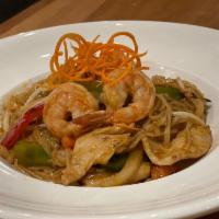 Hot Woks Noodle · House Specialty. Stir fry with chicken, shrimp, rice noodles & mixed vegetables in sweet/tan...