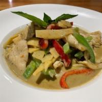 Green Curry · Aroma green curries paste blending with coconut milk, chicken breast, bamboo shoot, sweet pe...