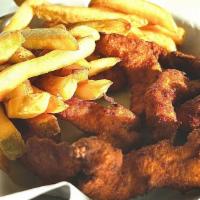 Charritos With Fries · Homemade breaded chicken strips served with French fries.