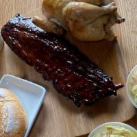Whole Rotisserie Chicken And Full Rack Of Ribs Meal · An entire rotisserie chicken and a full rack of BBQ ribs. Comes with mashed potatoes, colesl...