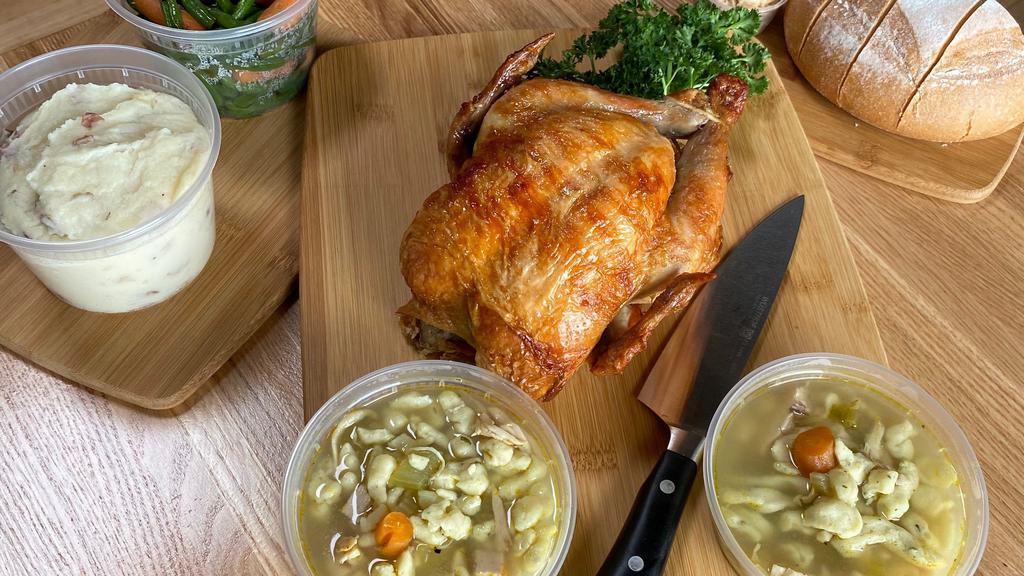 Whole Rotisserie Chicken Meal · An entire rotisserie chicken. Comes with mashed potatoes, veggies, dinner bread, and chicken dumpling soup. Feeds 2-3.