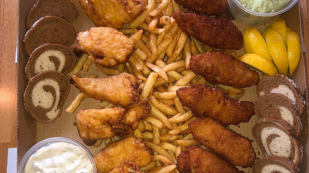 Fish For 4! · 12 pieces of fish, straight fries, coleslaw, rye bread, and tartar sauce