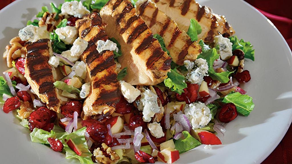 Wisconsin Harvest Salad · We toss fresh greens, apples, dried cranberries and red onions in our fat free raspberry vinaigrette dressing and top it off with toasted walnuts and Bleu cheese.