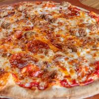 The Meat Lover · Our red sauce topped with Mozzarella cheese, pepperoni, Canadian bacon, sausage, diced ham, ...