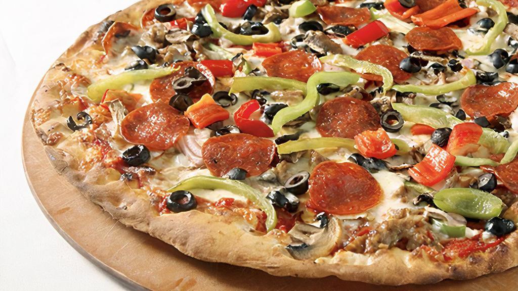 The Picasso · Pepperoni, sausage, mushrooms, onions, black olives, peppers and Mozzarella.