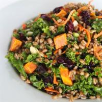 Superfood Bowl · Roasted Chicken, blend of baby kale and warm farro, roasted sweet potatoes, shredded carrots...