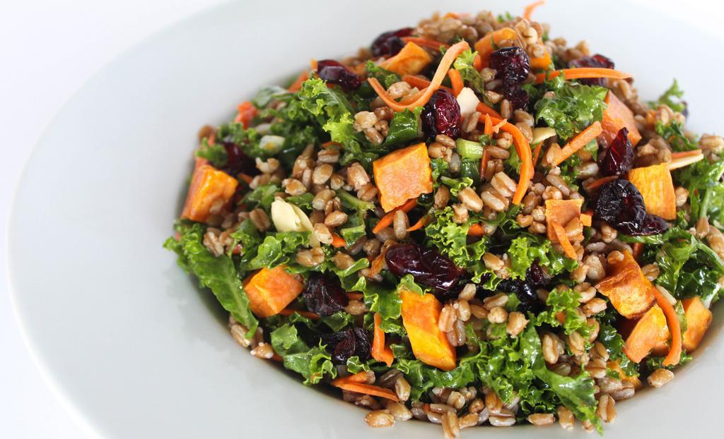 Superfood Bowl · Roasted Chicken, blend of baby kale and warm farro, roasted sweet potatoes, shredded carrots, cranberries, with honey lime dressing and sliced almonds