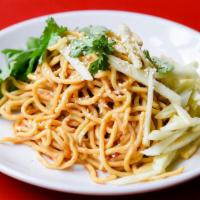 Sesame Peanut Noodles · Spicy. Tossed with home-made peanut sauce, cucumber, cilantro.