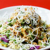 Big Bowl'S Chopped Chicken Salad · Sliced chicken, greens, edamame, peanuts, corn, cucumbers, scallions, crispy wontons, rice s...