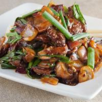 Mongolian Beef · Shiitake and button mushrooms, green and red onions