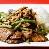 Kung Pao Beef · Spicy. Wrinkled green beans, spinach, blackened chilies, chopped peanuts.
