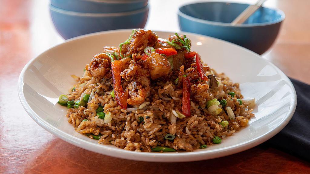 Teriyaki Shrimp Fried Rice · Pineapple, napa cabbage, snow peas, mushrooms, red peppers, scallions, sprouts, eggs.
