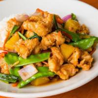 Classic Sweet & Sour Shrimp · Golden shrimp, pineapple, snow peas, red peppers, red onions, carrots, scallions.