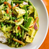 Spicy Thai Green Vegetable Curry With Tofu · Seasonal vegetables, baby bok choy, green beans, peas, green curry sauce, choice of rice (ve...